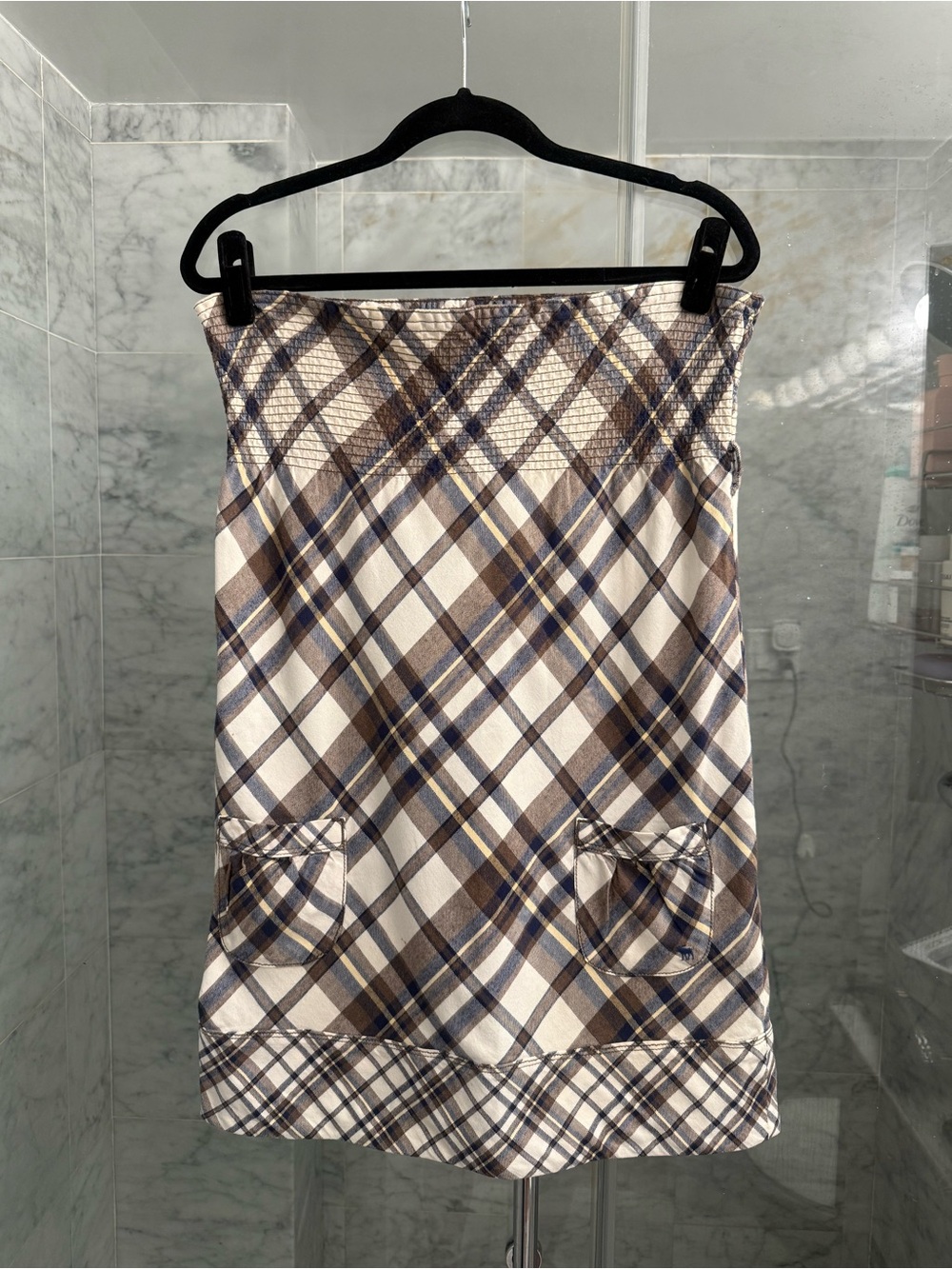 Vintage A&F Plaid Strapless Minidress in Cream, Brown & Navy